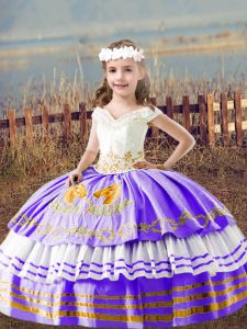 Off The Shoulder Sleeveless Lace Up Kids Pageant Dress Lavender Satin