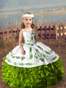 Luxurious Floor Length Olive Green Pageant Gowns For Girls Straps Sleeveless Lace Up