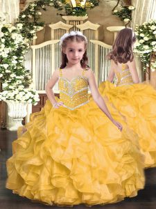 Amazing Gold Sleeveless Beading and Ruffles Floor Length Little Girls Pageant Dress