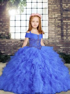 Trendy Blue Sleeveless Tulle Lace Up Girls Pageant Dresses for Party and Military Ball and Wedding Party