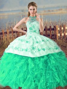 Affordable Turquoise Quinceanera Gown Organza Court Train Sleeveless Embroidery and Ruffles