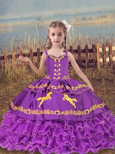  Eggplant Purple Organza Lace Up Little Girl Pageant Dress Sleeveless Floor Length Beading and Embroidery and Ruffled Layers