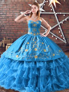 Custom Designed Blue Sweetheart Neckline Embroidery and Ruffled Layers Vestidos de Quinceanera Sleeveless Lace Up