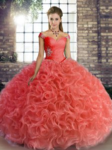  Off The Shoulder Sleeveless 15 Quinceanera Dress Floor Length Beading Watermelon Red Fabric With Rolling Flowers