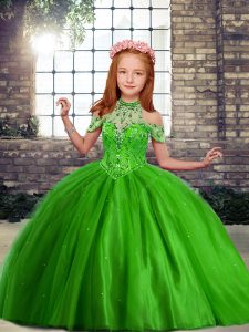 High End Green Sleeveless Floor Length Beading Lace Up Little Girl Pageant Dress