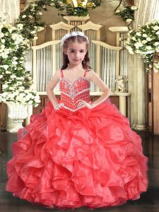  Straps Sleeveless Lace Up Little Girls Pageant Dress Wholesale Coral Red Organza
