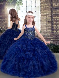  Blue Ball Gowns Beading and Ruffles Child Pageant Dress Lace Up Organza Sleeveless Floor Length