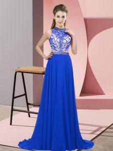 Perfect Sleeveless Chiffon Brush Train Backless Dress for Prom in Blue with Beading
