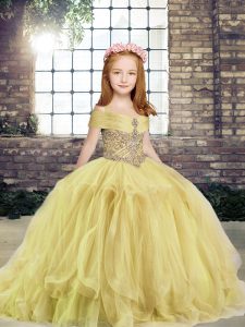Charming Floor Length Lace Up Kids Formal Wear Yellow for Military Ball and Wedding Party with Beading