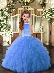  Floor Length Blue Little Girls Pageant Dress Wholesale Halter Top Sleeveless Backless