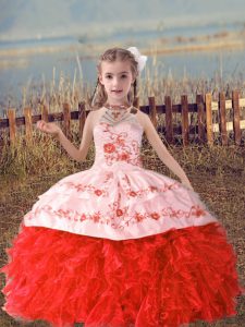  Coral Red Ball Gowns Organza Halter Top Sleeveless Beading and Embroidery and Ruffles Floor Length Lace Up Kids Formal Wear
