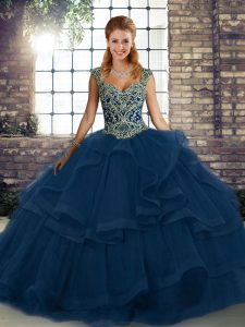 Glorious Blue Straps Neckline Beading and Ruffles 15th Birthday Dress Sleeveless Lace Up