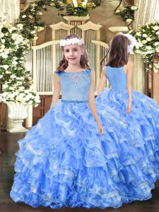  Blue Organza Zipper Scoop Sleeveless Floor Length Girls Pageant Dresses Beading and Ruffles