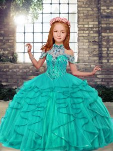 Enchanting High-neck Sleeveless Lace Up Kids Formal Wear Turquoise Tulle
