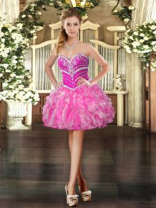 Customized Mini Length Lace Up Homecoming Dress Hot Pink for Prom and Party with Beading and Ruffles