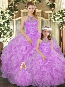  Lilac Ball Gowns Tulle Halter Top Sleeveless Beading and Ruffles Floor Length Lace Up Quinceanera Dresses