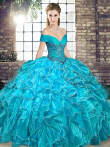 Perfect Aqua Blue Ball Gowns Beading and Ruffles Ball Gown Prom Dress Lace Up Organza Sleeveless Floor Length