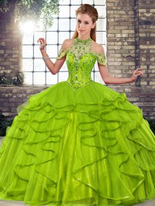  Halter Top Sleeveless Ball Gown Prom Dress Floor Length Beading and Ruffles Olive Green Tulle