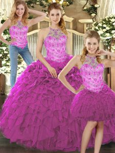 Gorgeous Fuchsia Lace Up 15th Birthday Dress Beading and Ruffles Sleeveless Floor Length