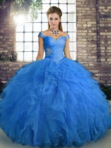 Exceptional Floor Length Lace Up Quince Ball Gowns Blue for Military Ball and Sweet 16 and Quinceanera with Beading and Ruffles