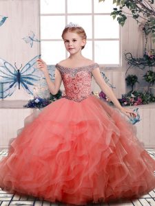  Peach Ball Gowns Off The Shoulder Sleeveless Tulle Floor Length Lace Up Beading and Ruffles Little Girls Pageant Dress