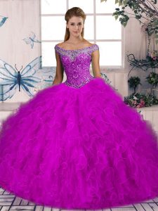  Fuchsia Quince Ball Gowns Sweet 16 and Quinceanera with Beading and Ruffles Off The Shoulder Sleeveless Brush Train Lace Up