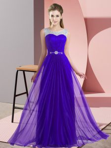 Comfortable Purple Lace Up Scoop Beading Dama Dress Chiffon Sleeveless