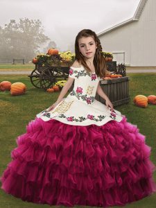 Fashionable Spaghetti Straps Sleeveless Lace Up Little Girl Pageant Gowns Fuchsia Organza