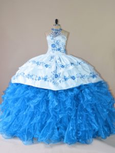 Romantic Court Train Ball Gowns Vestidos de Quinceanera Blue Halter Top Organza Sleeveless Lace Up