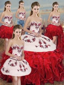 Wonderful White And Red 15 Quinceanera Dress Military Ball and Sweet 16 and Quinceanera with Embroidery and Ruffles and Bowknot Sweetheart Sleeveless Lace Up