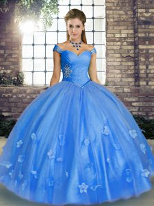  Floor Length Baby Blue Quince Ball Gowns Tulle Sleeveless Beading and Appliques