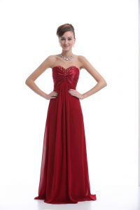 Classical Wine Red Empire Sweetheart Sleeveless Chiffon Floor Length Lace Up Beading Dress for Prom