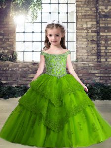 Fashionable Green Ball Gowns Tulle Off The Shoulder Sleeveless Beading Floor Length Lace Up Little Girl Pageant Dress