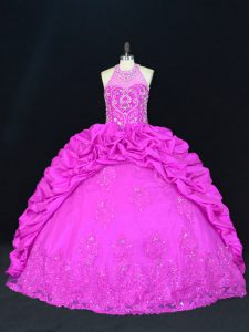  Fuchsia Sleeveless Beading and Appliques and Pick Ups Floor Length Quinceanera Gowns