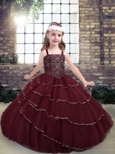 Pretty Straps Sleeveless Little Girls Pageant Gowns Floor Length Beading and Ruffled Layers Burgundy Tulle