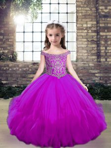 Glorious Fuchsia Ball Gowns Off The Shoulder Sleeveless Tulle Floor Length Lace Up Beading Kids Formal Wear