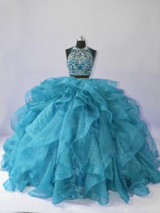  Organza Halter Top Sleeveless Brush Train Backless Beading and Ruffles Quinceanera Gowns in Teal 