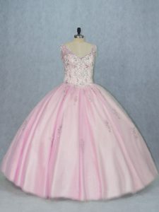  Baby Pink V-neck Neckline Beading and Appliques 15th Birthday Dress Sleeveless Backless