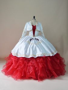 Flirting White And Red Ball Gowns Organza Sweetheart Sleeveless Embroidery and Ruffles Floor Length Lace Up Vestidos de Quinceanera