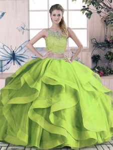 Comfortable Sleeveless Tulle Floor Length Lace Up 15th Birthday Dress in Green with Beading and Lace and Ruffles