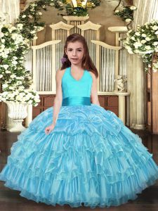 Amazing Ruffled Layers Little Girl Pageant Gowns Aqua Blue Lace Up Sleeveless Floor Length