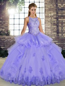  Lavender 15 Quinceanera Dress Military Ball and Sweet 16 and Quinceanera with Lace and Embroidery and Ruffles Scoop Sleeveless Lace Up
