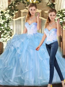 Free and Easy Blue Ball Gowns Beading and Ruffles Quinceanera Dresses Lace Up Organza Sleeveless Floor Length
