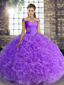 Sleeveless Fabric With Rolling Flowers Floor Length Lace Up Quinceanera Dresses in Lavender with Beading
