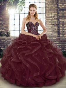  Ball Gowns Vestidos de Quinceanera Burgundy Sweetheart Tulle Sleeveless Floor Length Lace Up