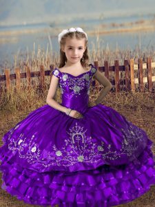 Popular Floor Length Purple Child Pageant Dress Off The Shoulder Sleeveless Lace Up