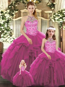  Fuchsia Lace Up Sweet 16 Dresses Beading and Ruffles Sleeveless Floor Length