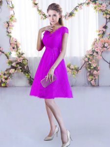 Discount Cap Sleeves Mini Length Lace Lace Up Damas Dress with Fuchsia