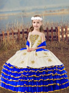 Wonderful Royal Blue Sleeveless Floor Length Beading and Embroidery and Ruffled Layers Lace Up Little Girl Pageant Dress