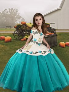 Perfect Sleeveless Floor Length Embroidery Lace Up Kids Pageant Dress with Aqua Blue